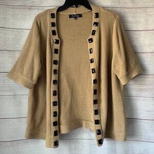 Evan Picone Woman Tan Cardigan with Black Beads Open Front Short Sleeves Size 2X